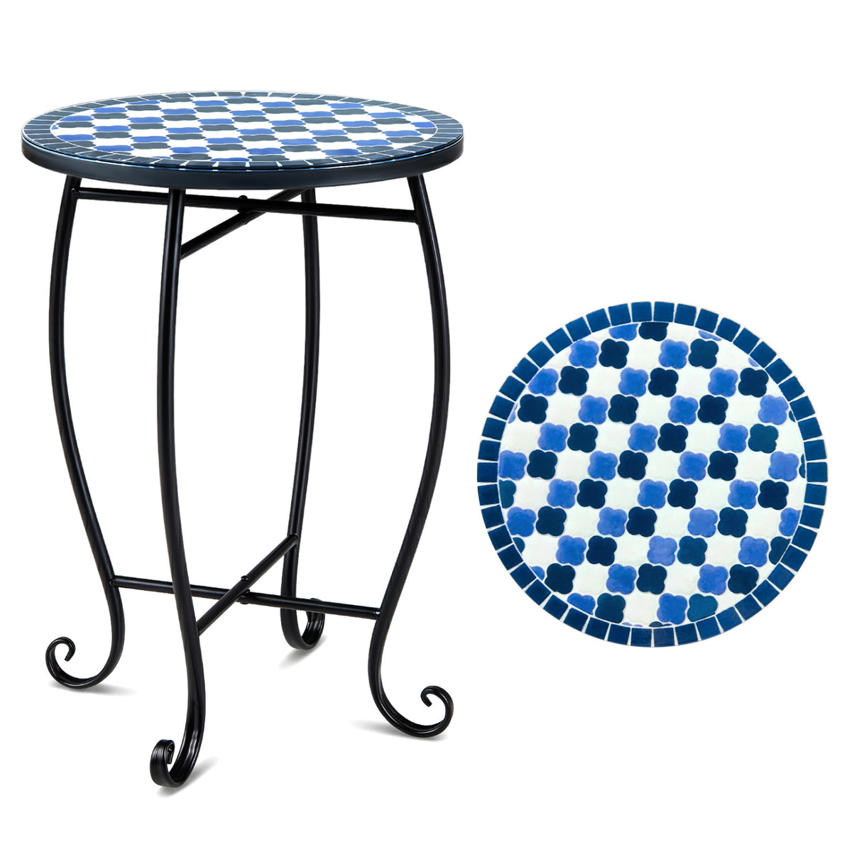 14" Floral Clover/Blooming Lotus/Bright Sunflower Mosaic Patio Accent Coffee End Table-Blue