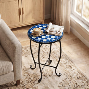 14" Floral Clover/Blooming Lotus/Bright Sunflower Mosaic Patio Accent Coffee End Table-Blue