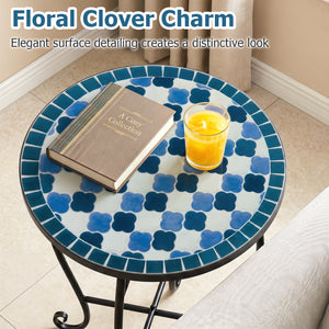 14" Floral Clover/Blooming Lotus/Bright Sunflower Mosaic Patio Accent Coffee End Table-Blue