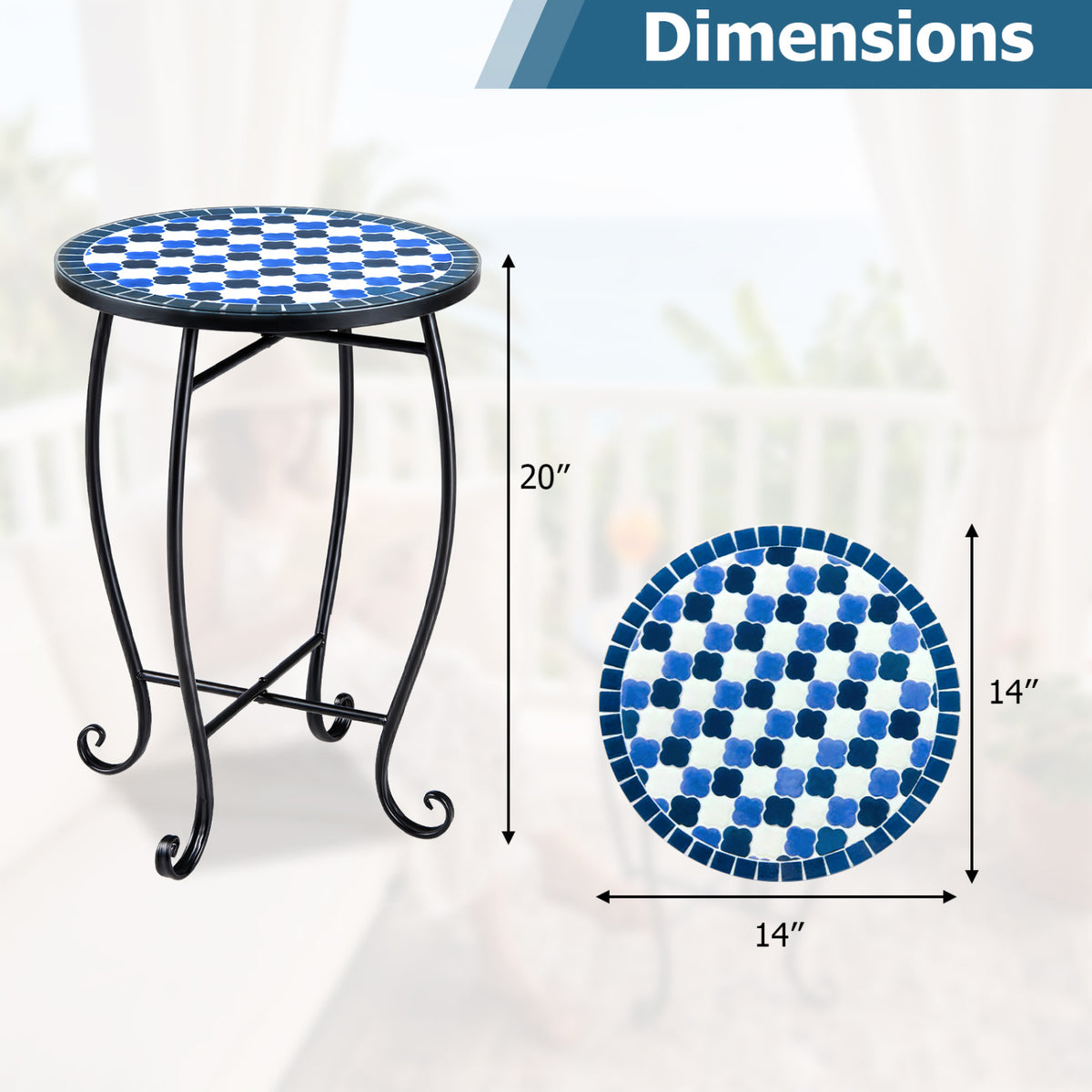 14" Floral Clover/Blooming Lotus/Bright Sunflower Mosaic Patio Accent Coffee End Table-Blue