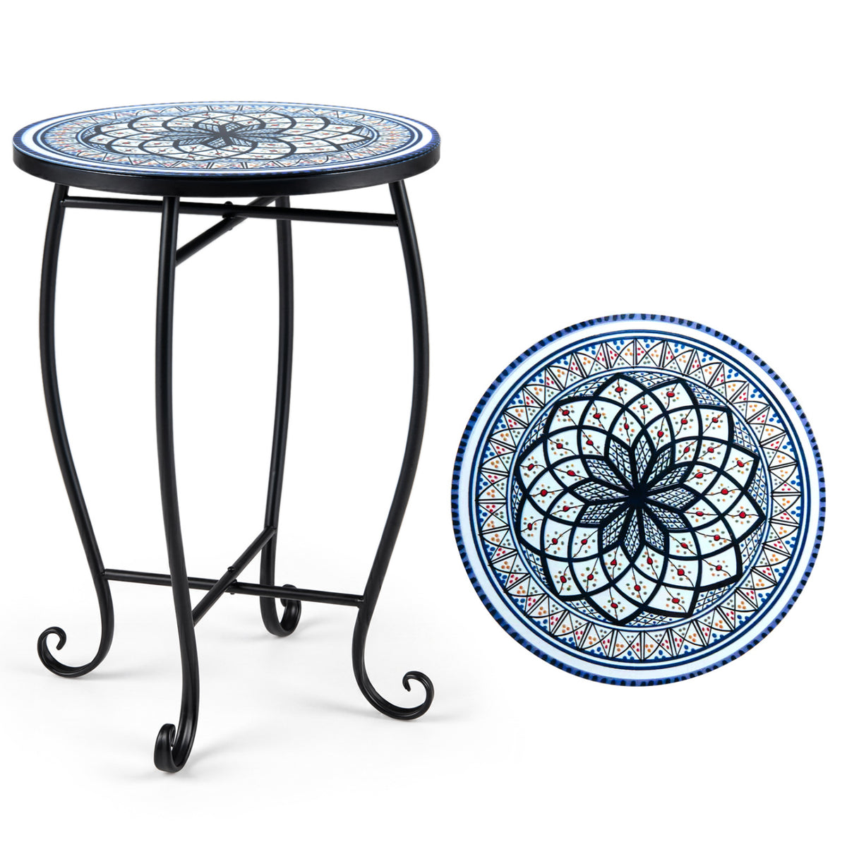 14" Floral Clover/Blooming Lotus/Bright Sunflower Mosaic Patio Accent Coffee End Table-White