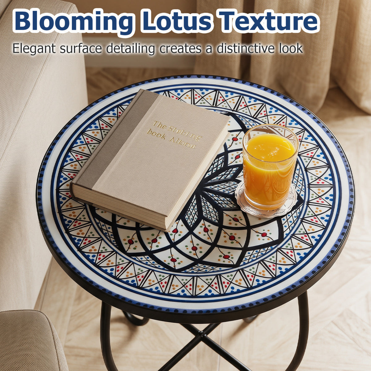 14" Floral Clover/Blooming Lotus/Bright Sunflower Mosaic Patio Accent Coffee End Table-White