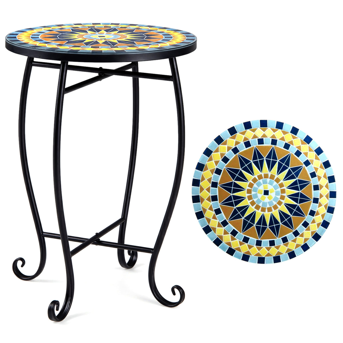 14" Floral Clover/Blooming Lotus/Bright Sunflower Mosaic Patio Accent Coffee End Table-Yellow