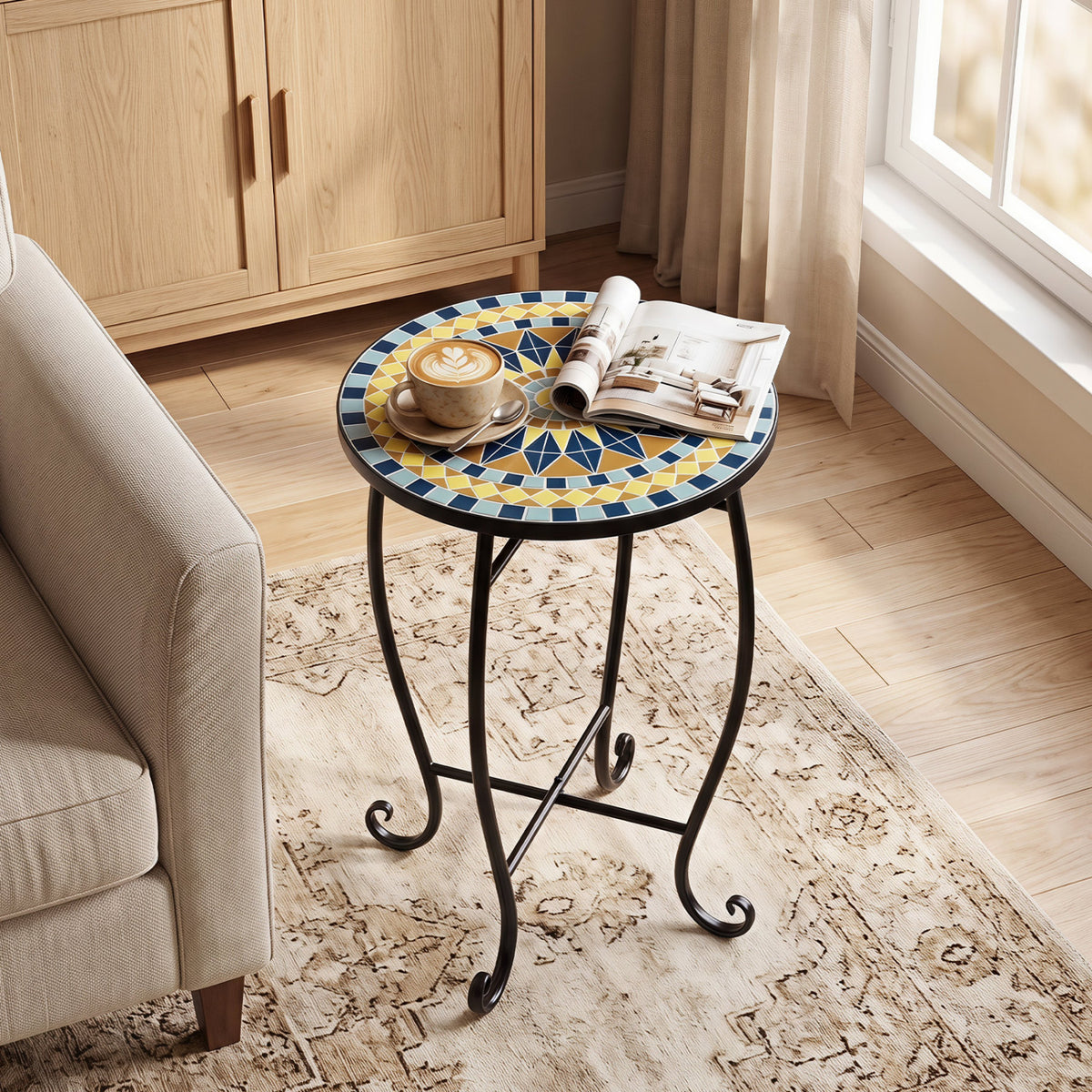 14" Floral Clover/Blooming Lotus/Bright Sunflower Mosaic Patio Accent Coffee End Table-Yellow