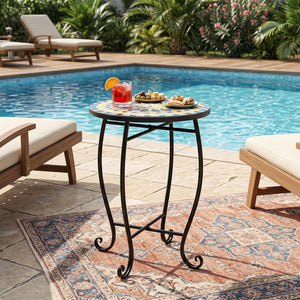 14" Floral Clover/Blooming Lotus/Bright Sunflower Mosaic Patio Accent Coffee End Table-Yellow