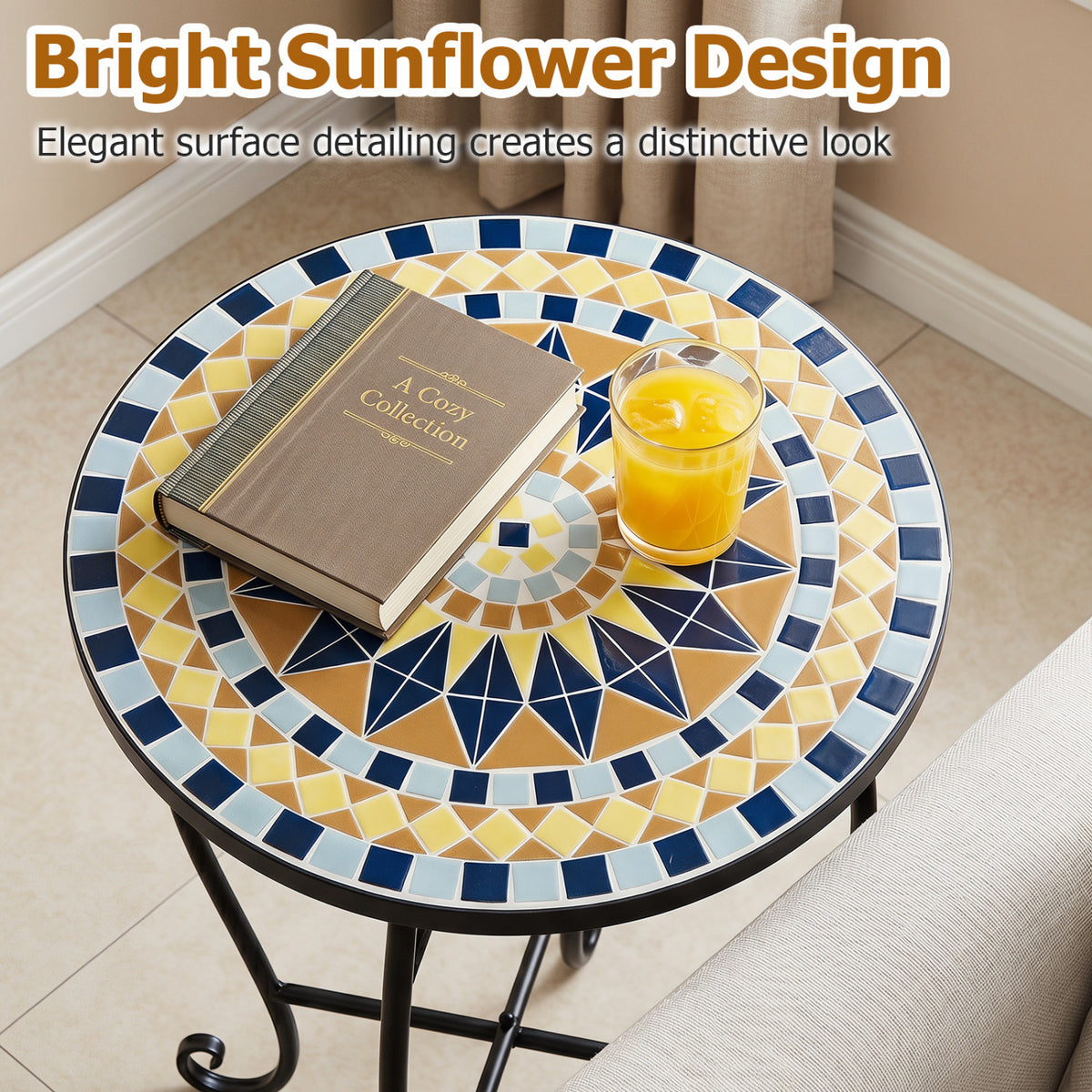 14" Floral Clover/Blooming Lotus/Bright Sunflower Mosaic Patio Accent Coffee End Table-Yellow