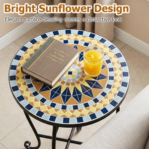 14" Floral Clover/Blooming Lotus/Bright Sunflower Mosaic Patio Accent Coffee End Table-Yellow