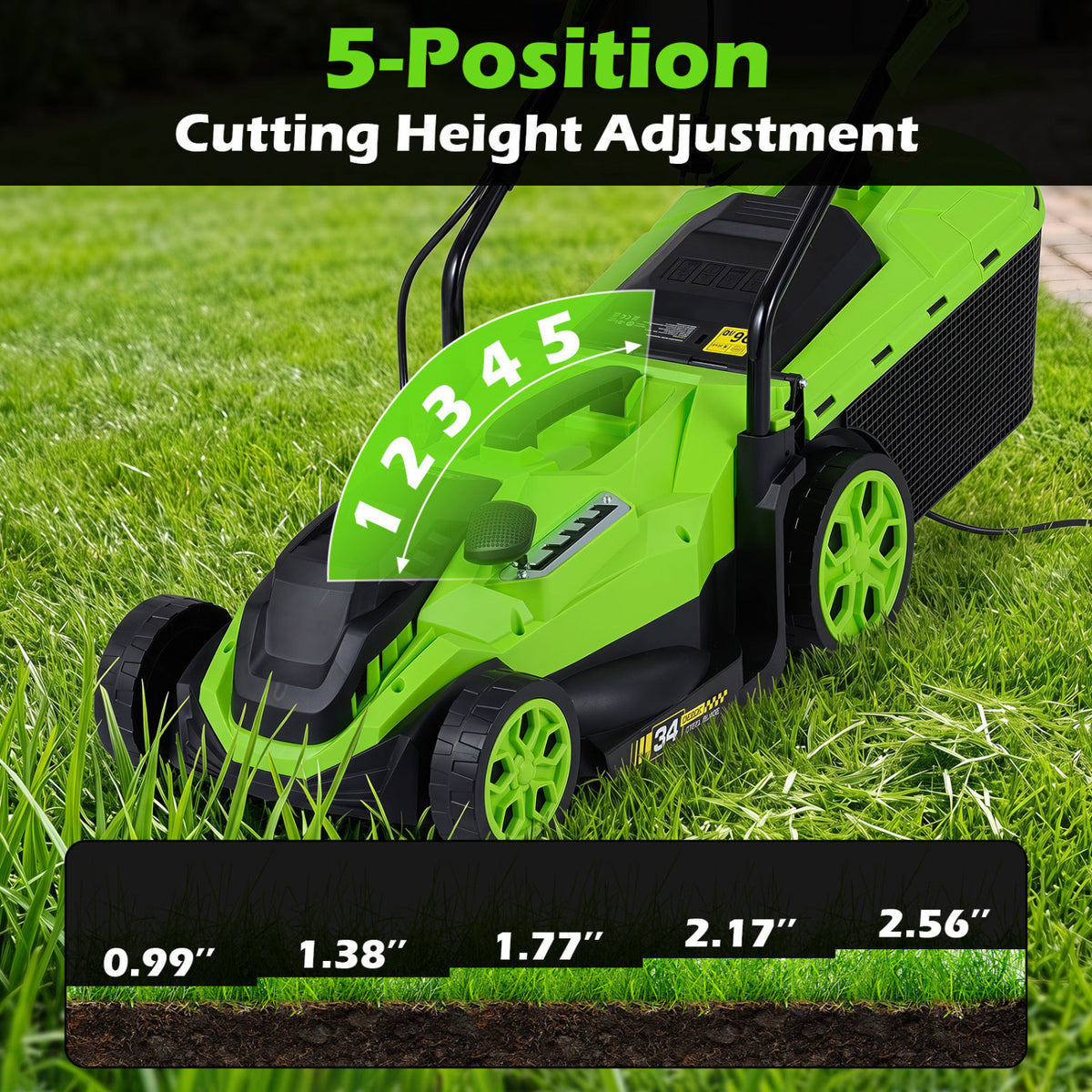 14-Inch 12-Amp Corded Electric Lawn Mower w/ 5-Position Height Adjustment-Green