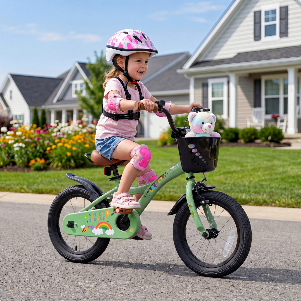 14 Inch Girls Bike for 3-5 Years Old with Basket - Spring Party  Green
