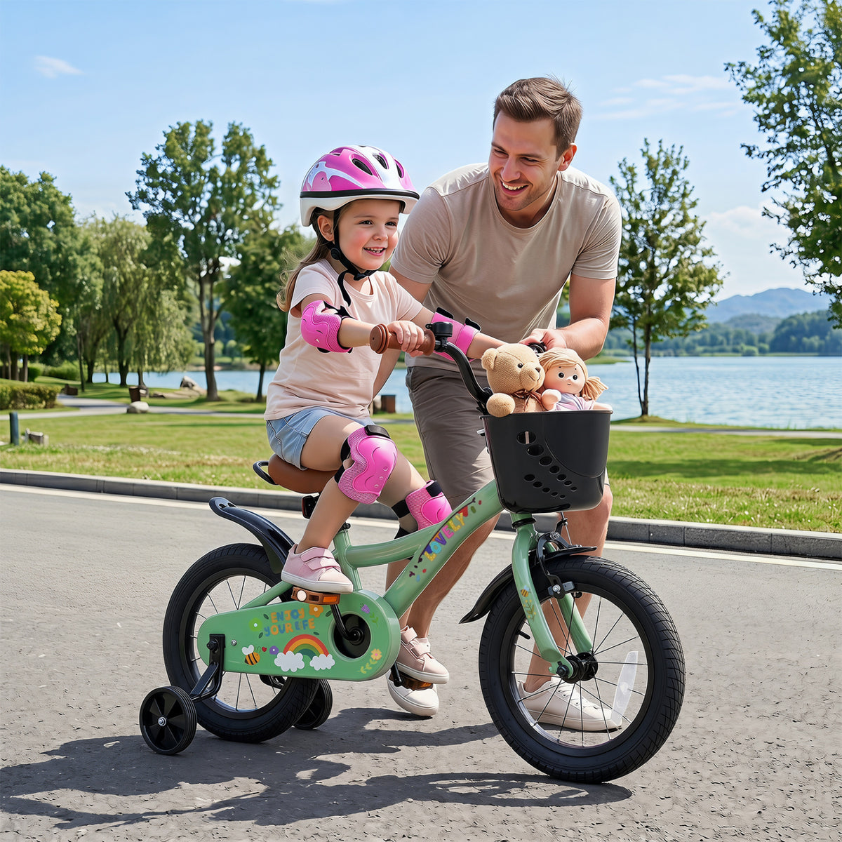 14 Inch Girls Bike for 3-5 Years Old with Basket - Spring Party  Green
