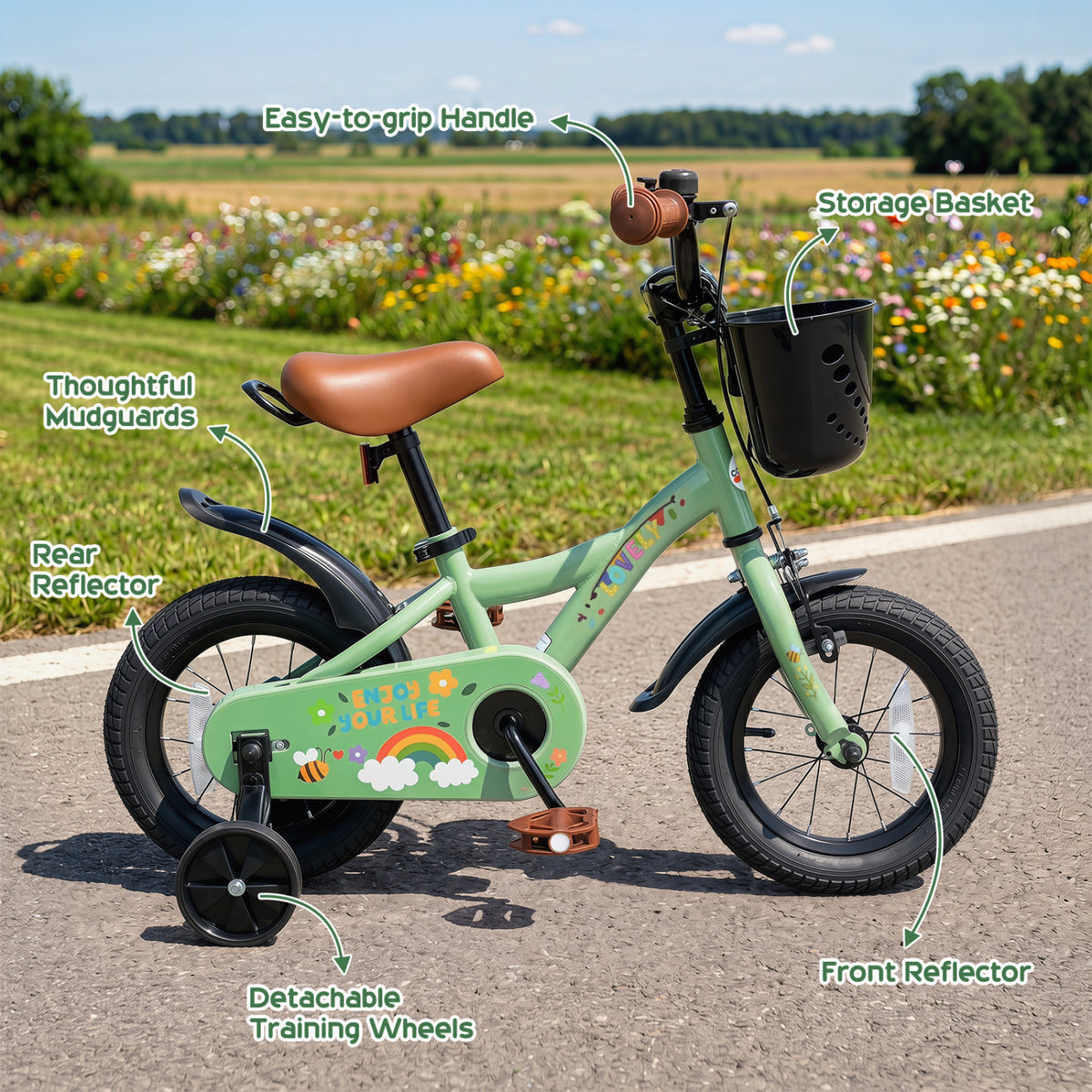 14 Inch Girls Bike for 3-5 Years Old with Basket - Spring Party  Green