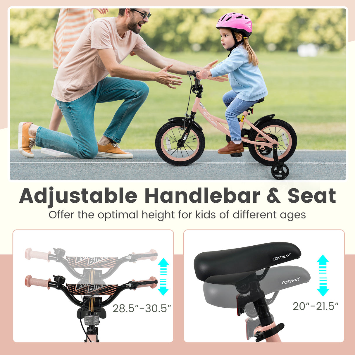 14 Inch Kids Bike Adjustable with Removable Training Wheels Pink for 3-8 Years Old