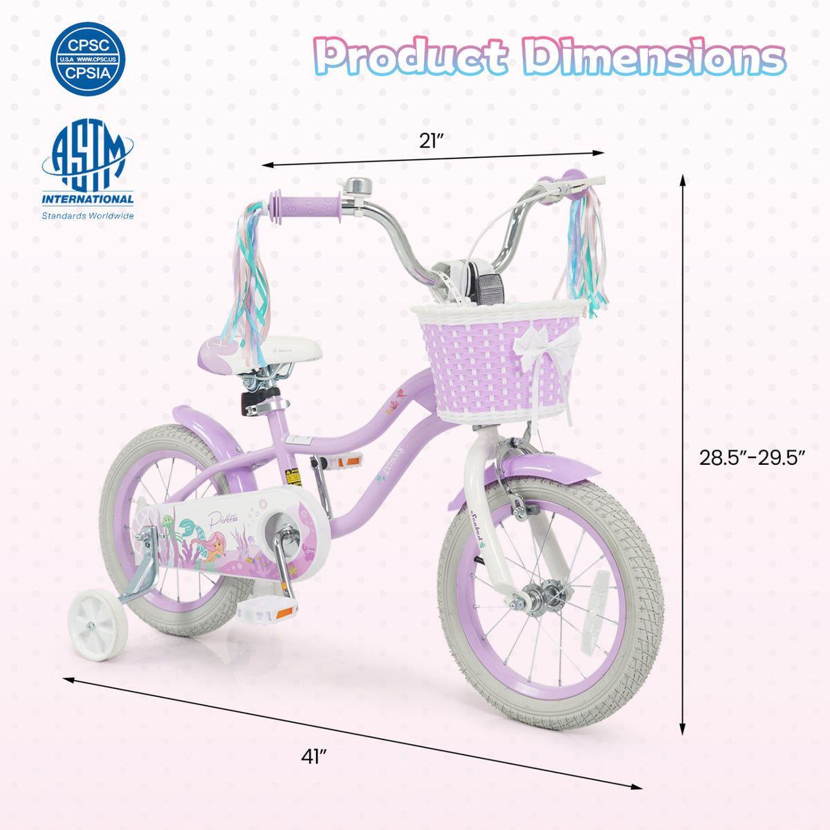 14 Inch Kids Bike Adjustable with Basket and Streamers Purple - Princess of the Sea Theme