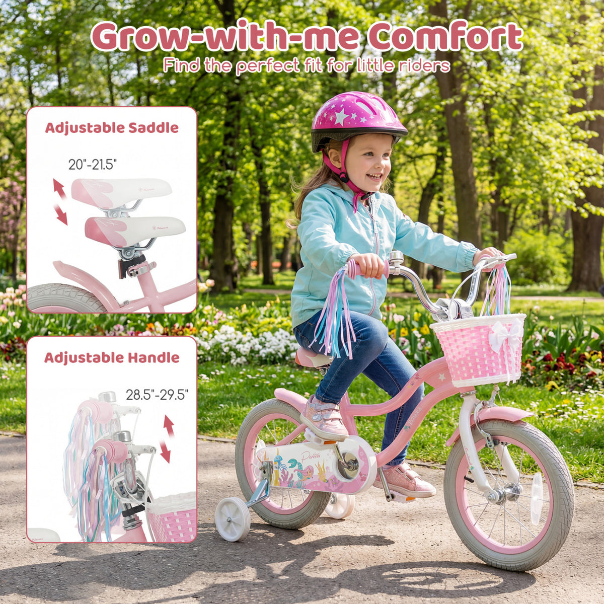 14 Inch Kids Bike Adjustable with Basket and Streamers for Girls Aged 3-5 Years Old Pink