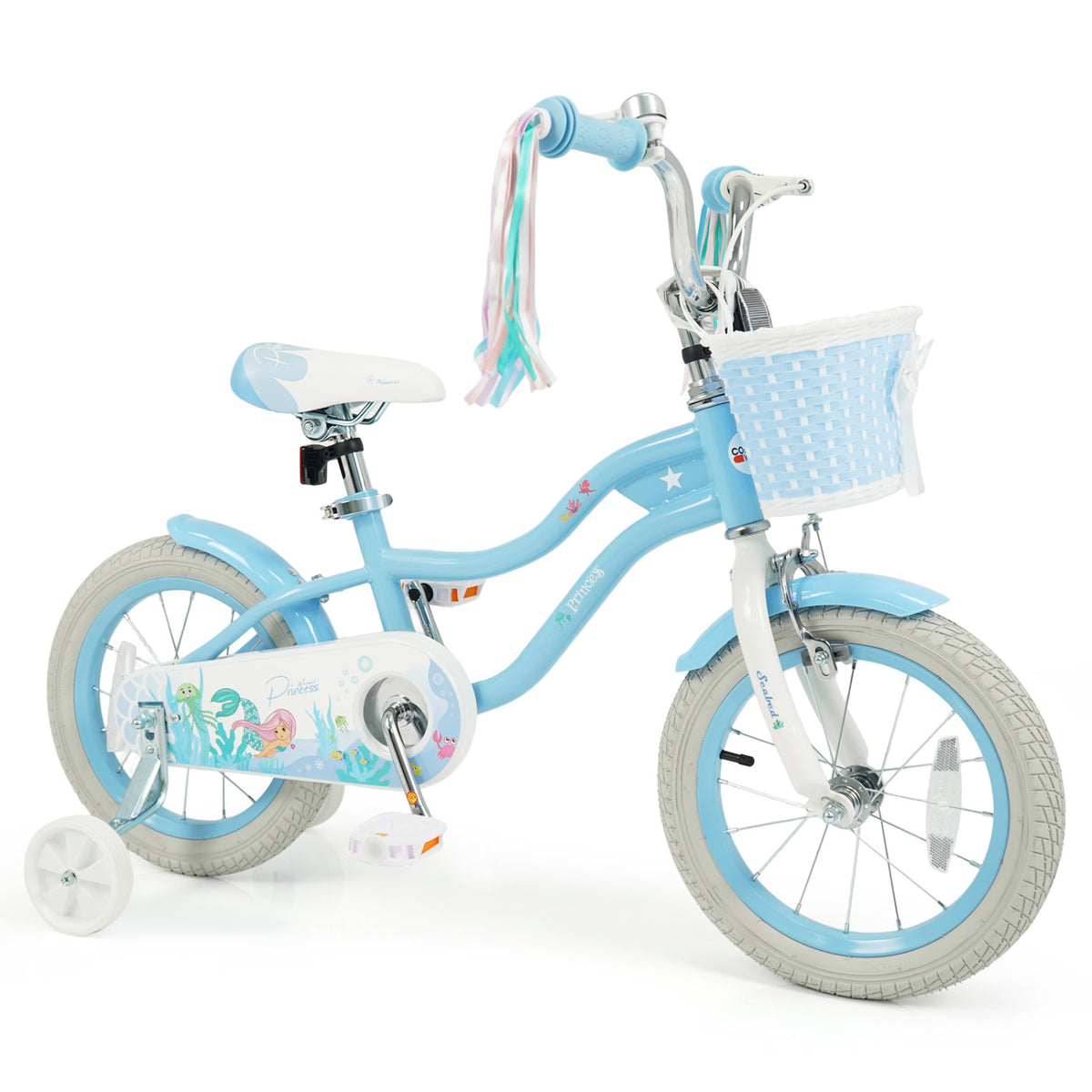 14 Inch Kids Bike Adjustable with Basket and Streamers Blue for Kids Aged 3-5 Years Old - Princess of the Sea Theme