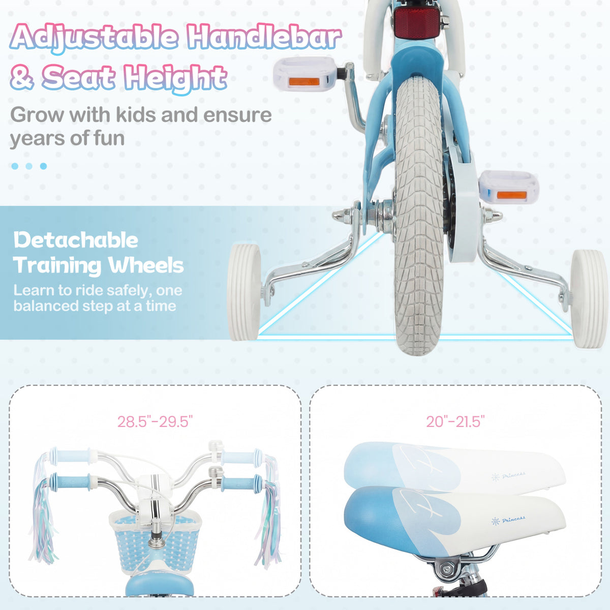 14 Inch Kids Bike Adjustable with Basket and Streamers Blue for Kids Aged 3-5 Years Old - Princess of the Sea Theme
