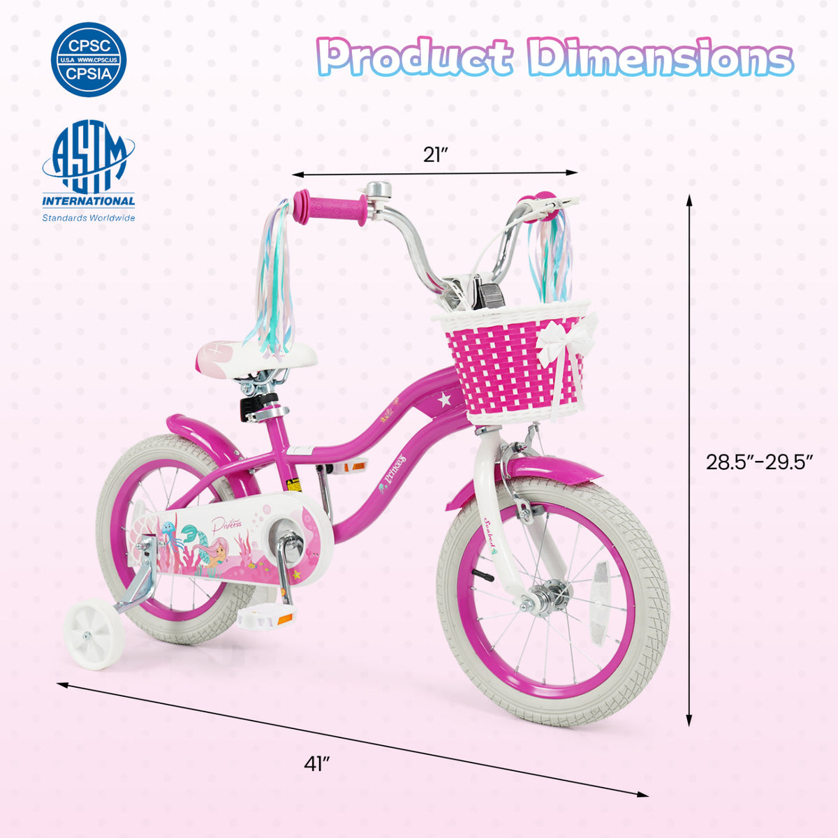 14-Inch Kids Bike Adjustable with Basket and Streamers Rose Red - Princess of the Sea Theme