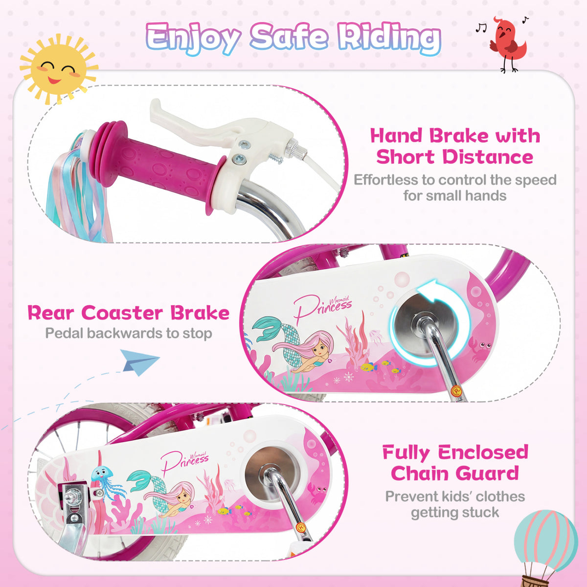 14-Inch Kids Bike Adjustable with Basket and Streamers Rose Red - Princess of the Sea Theme