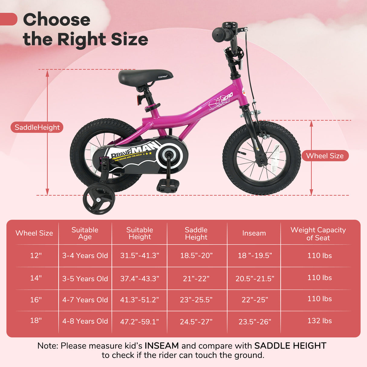 14-Inch Kids Bike with Removable Training Wheels Pink-Brave Hero