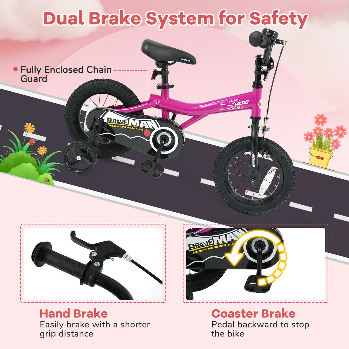14-Inch Kids Bike with Removable Training Wheels Pink-Brave Hero