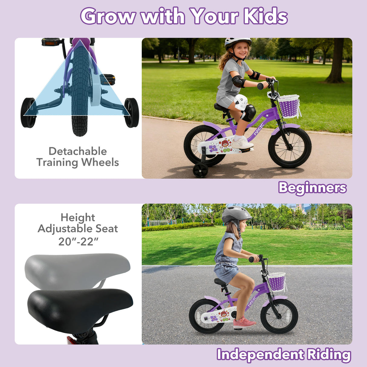 14 Inch Kids Bike with Training Wheels for Aged 3-5 Years Old - Magic Purple