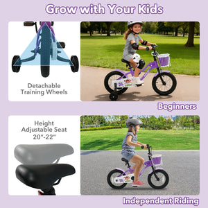 14 Inch Kids Bike with Training Wheels for Aged 3-5 Years Old - Magic Purple