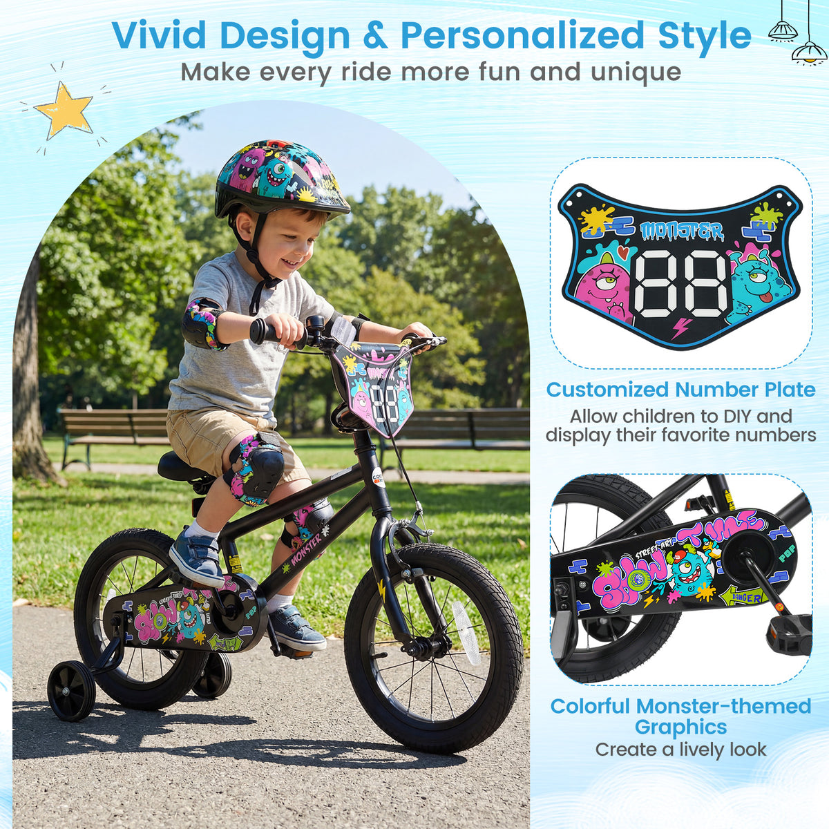 14 Inch Kids Bike with Training Wheels for Ages 3-5 Years Old Black- Street Art Time