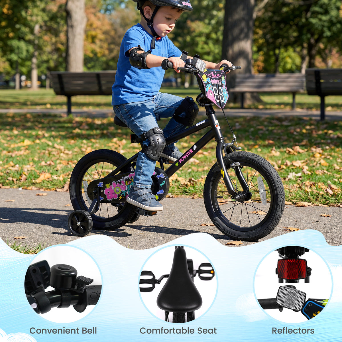 14 Inch Kids Bike with Training Wheels for Ages 3-5 Years Old Black- Street Art Time