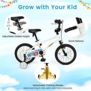 14 Inch Kids Bike with Training Wheels for Ages 3-5 Years Old White- Street Art Time