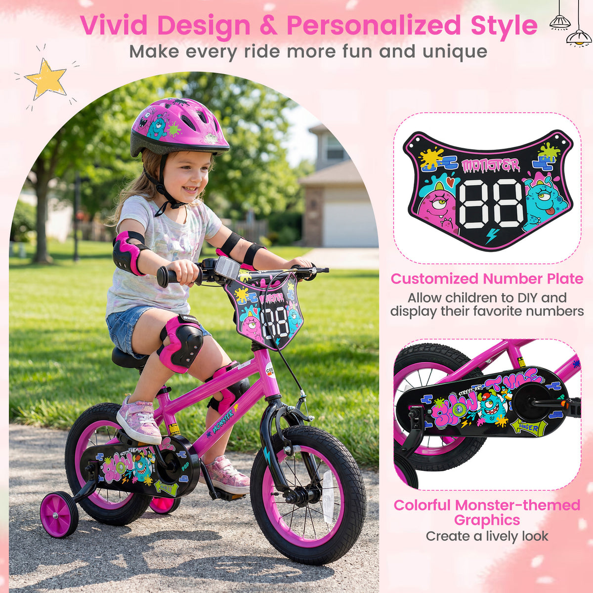 14 Inch Kids Bike with Training Wheels for Ages 3-5 Years Old Pink- Street Art Time
