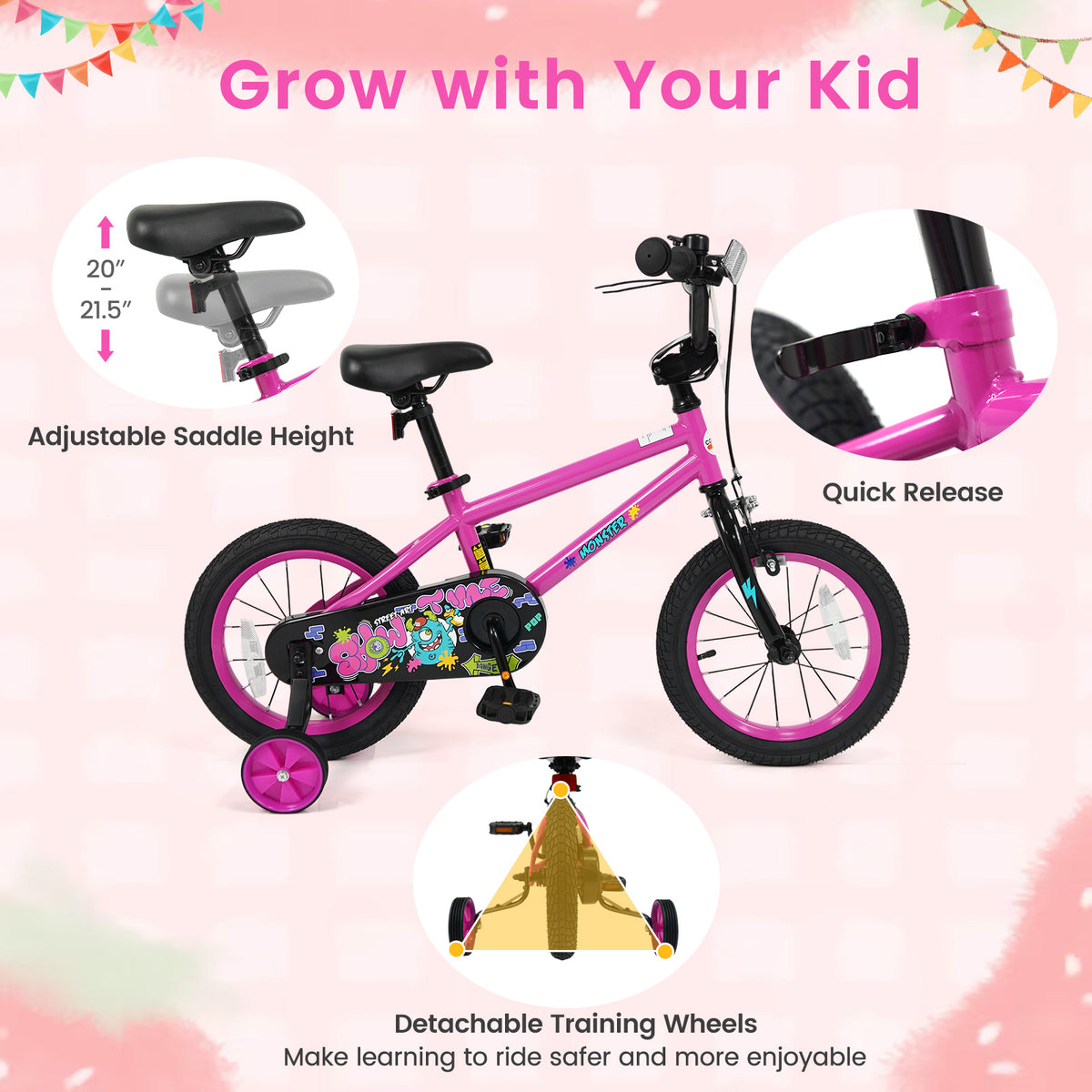 14 Inch Kids Bike with Training Wheels for Ages 3-5 Years Old Pink- Street Art Time