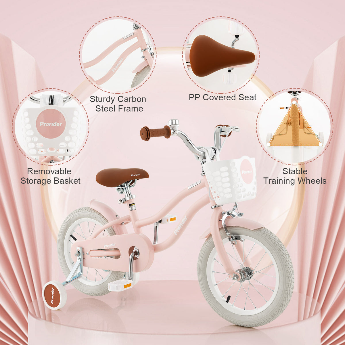 14 Inch Kid's Bike with Removable Training Wheels and Basket-Pink