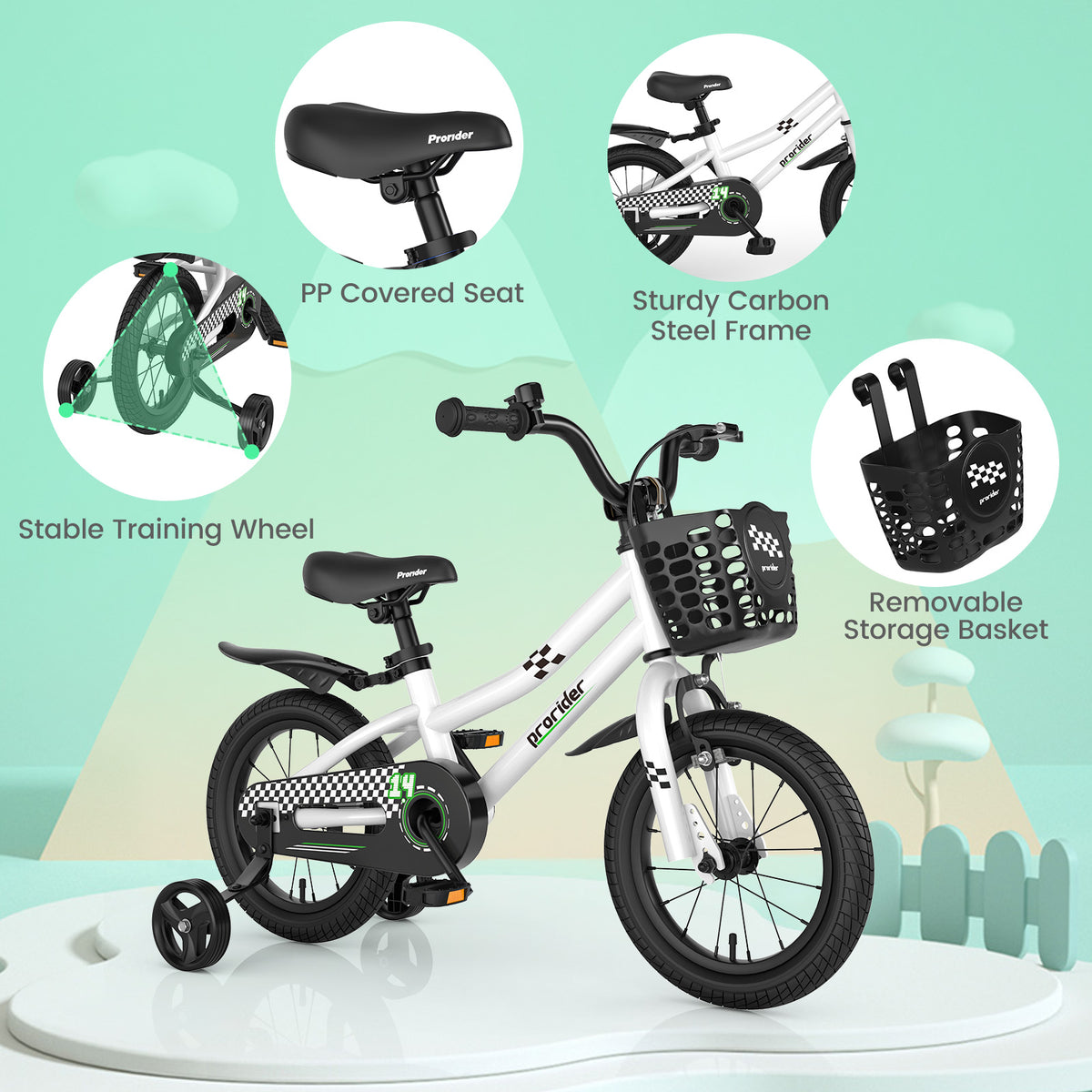 14 Inch Kids Bike with 2 Training Wheels for 3-5 Years Old-Black & White