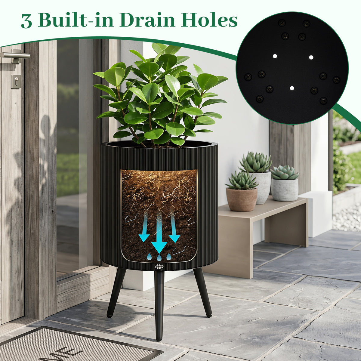 14 Inch Plant Pot with Stand and Tapered Legs for Garden