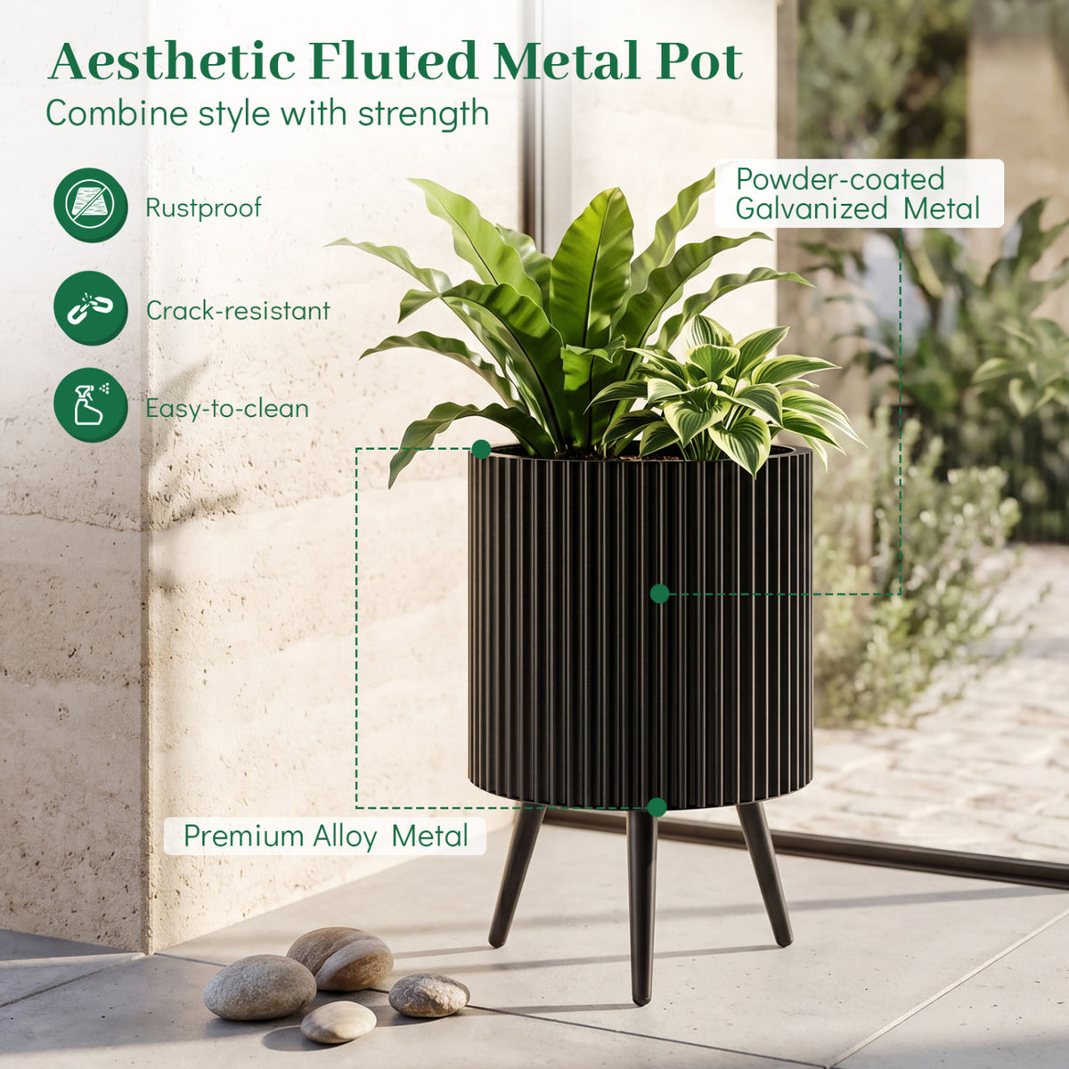 14 Inch Plant Pot with Stand and Tapered Legs for Garden