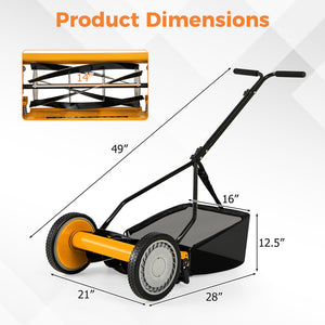 14 Inch Push Lawn Mower with 5 Steel Blades and Grass Catcher Bag-Orange