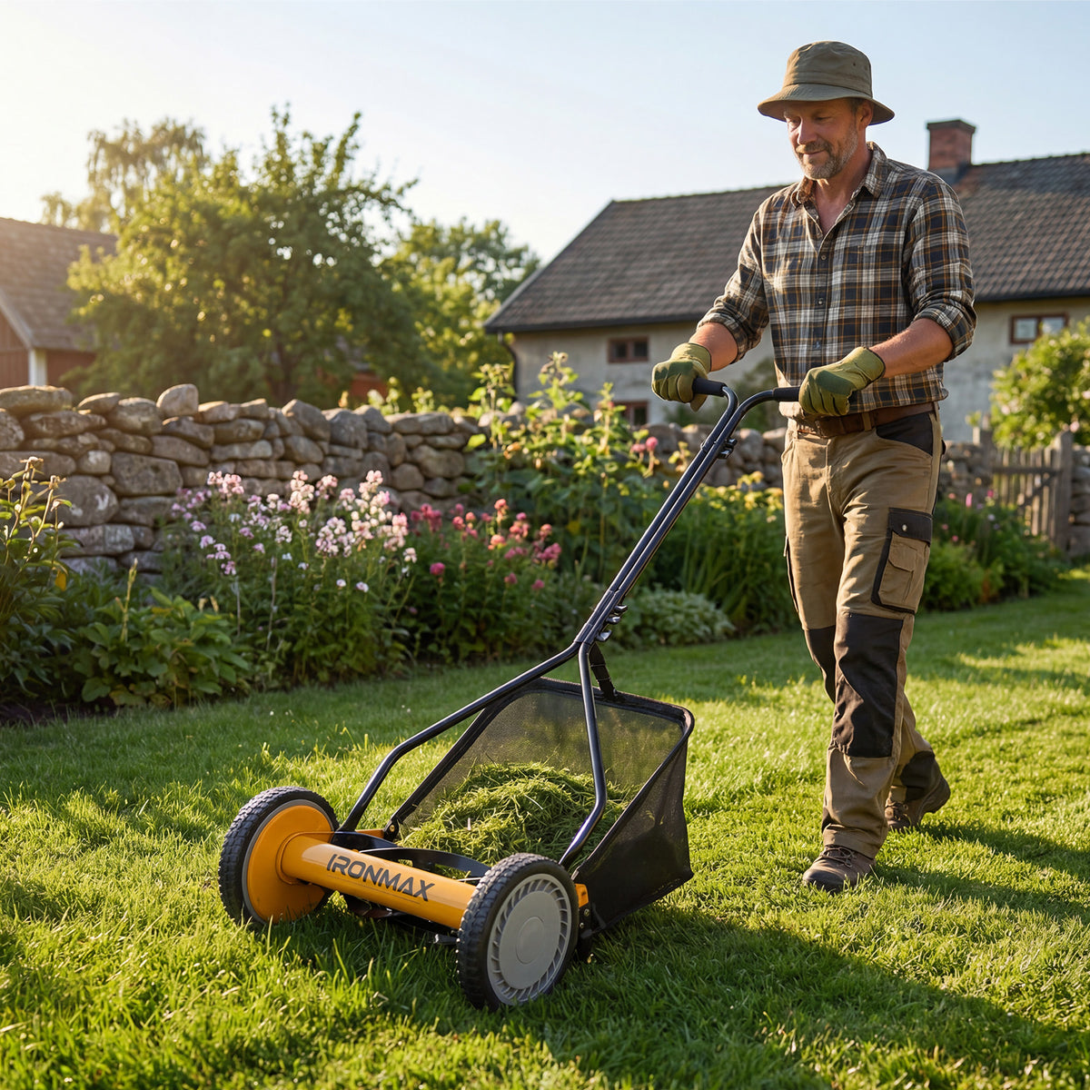 14 Inch Push Lawn Mower with 5 Steel Blades and Grass Catcher Bag-Orange