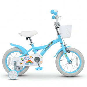 14 Inches Girls Bike for 3-5 Years Old with Training Wheels and Basket - Spring Party  Blue