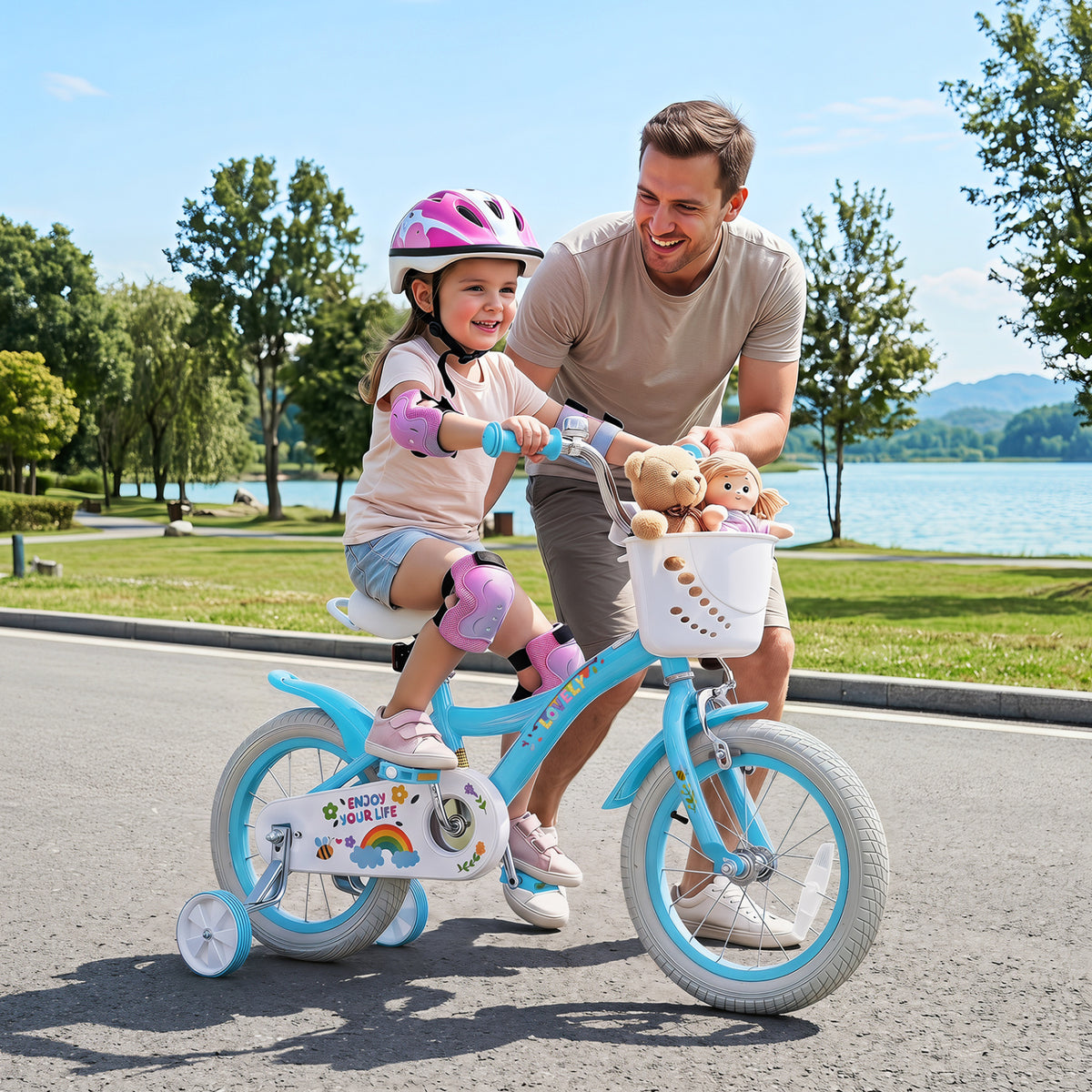 14 Inches Girls Bike for 3-5 Years Old with Training Wheels and Basket - Spring Party  Blue