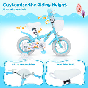 14 Inches Girls Bike for 3-5 Years Old with Training Wheels and Basket - Spring Party  Blue