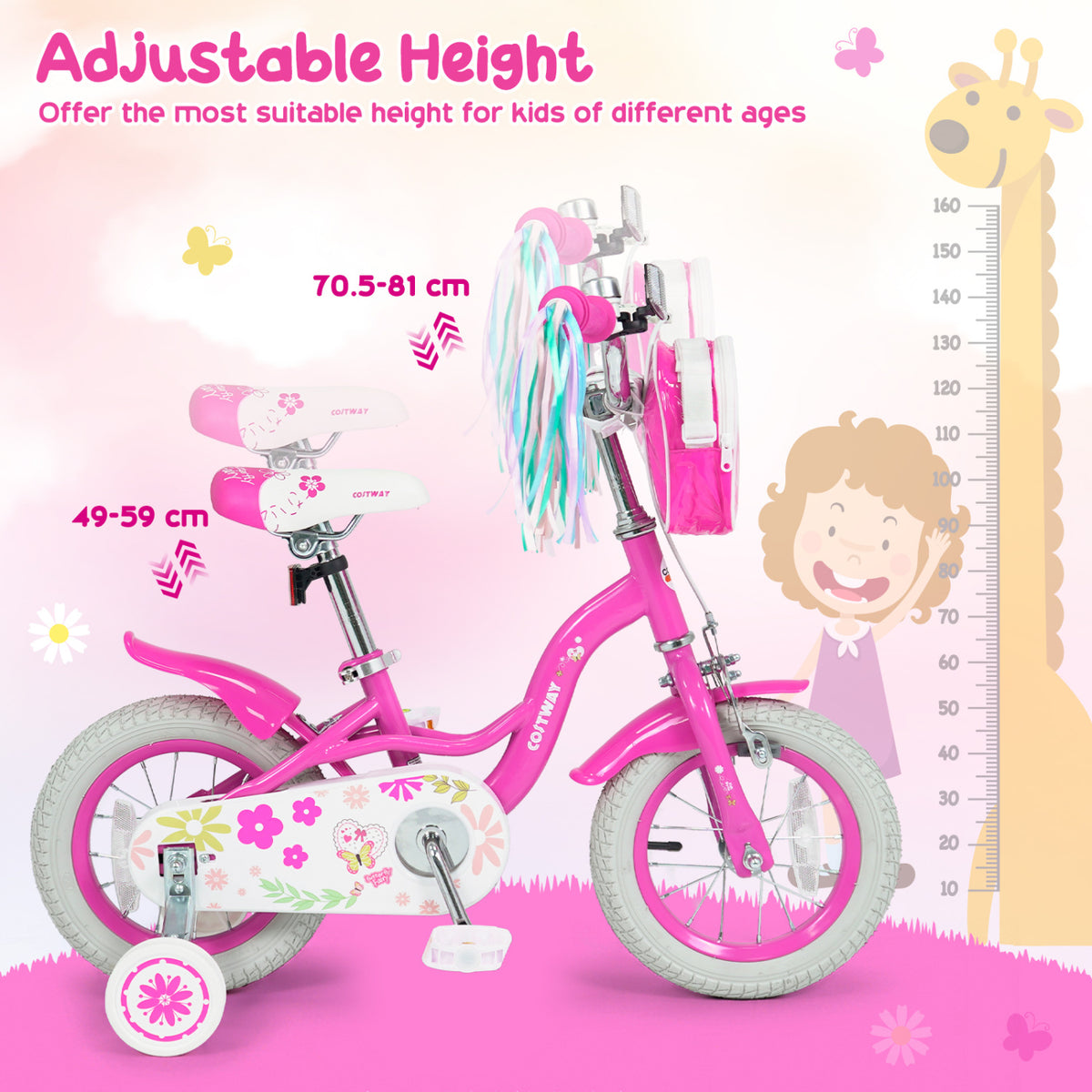 14 Inches Girls Bike with Front Bag and Streamers for 3-5 Years Pink
