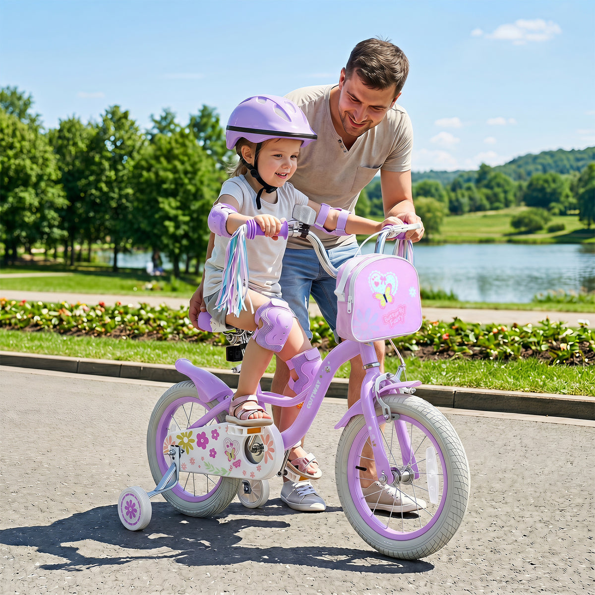 14 Inches Girls Bike with Front Bag and Streamers for 3-5 Years Purple