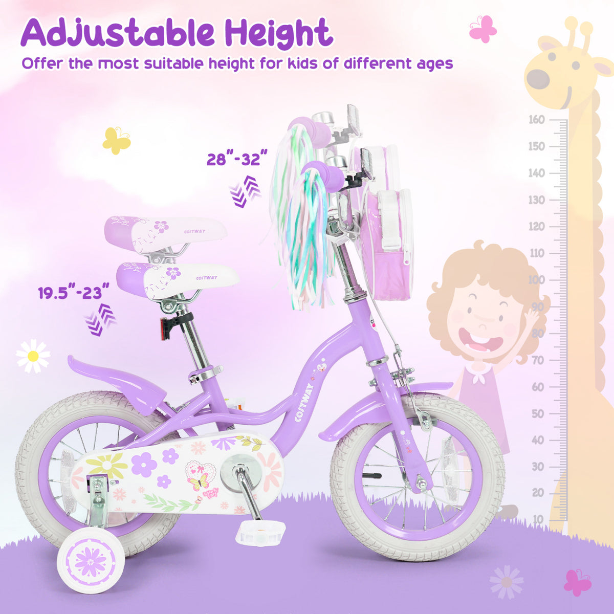 14 Inches Girls Bike with Front Bag and Streamers for 3-5 Years Purple