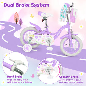 14 Inches Girls Bike with Front Bag and Streamers for 3-5 Years Purple