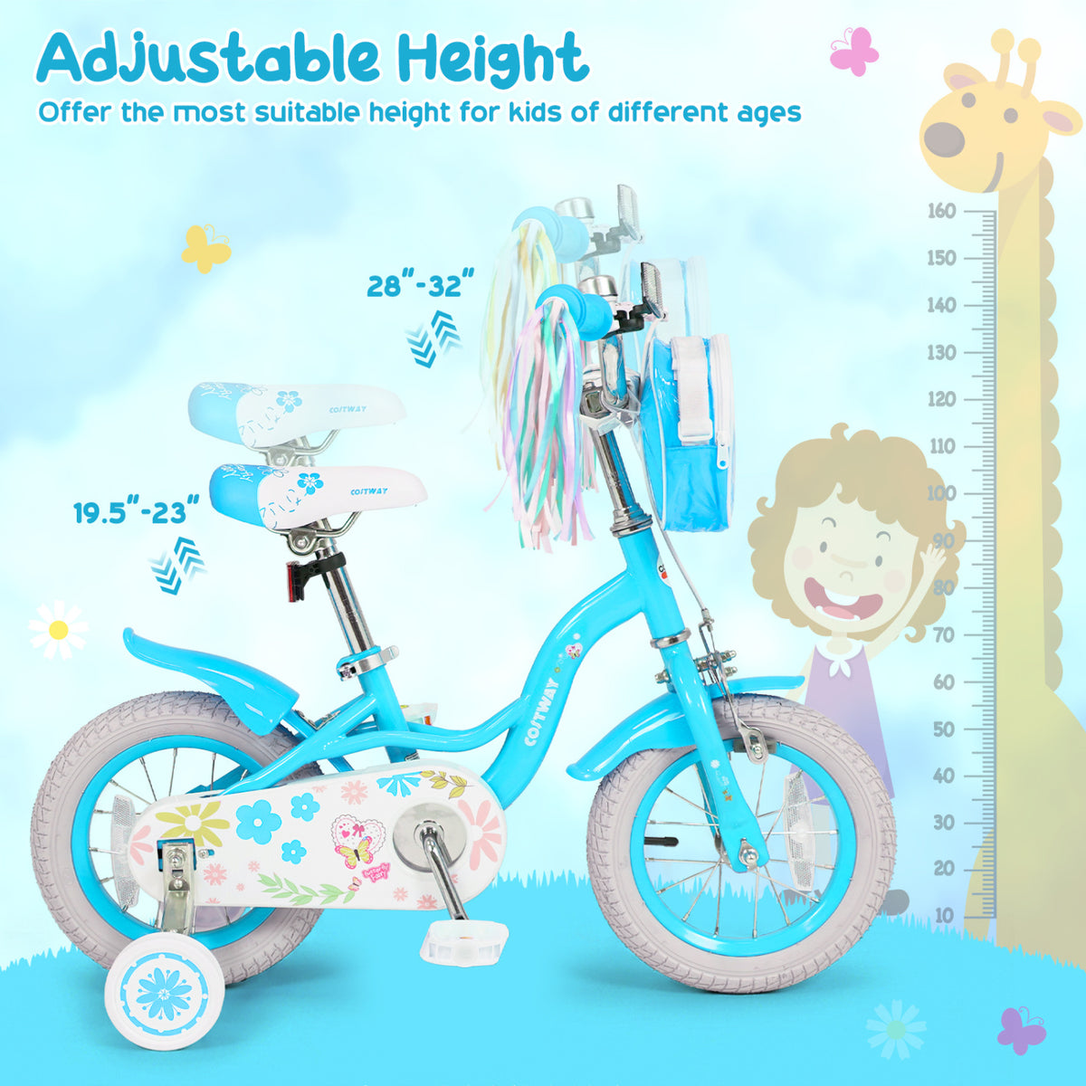 14 Inches Girls Bike with Front Bag and Streamers for 3-5 Years Blue