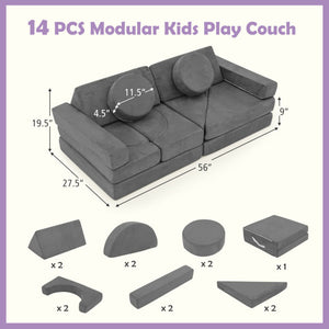 14 PCS Modular Kids Play Couch for Playroom and Bedroom-Gray