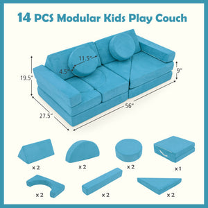14 PCS Modular Kids Play Couch for Playroom and Bedroom-Blue