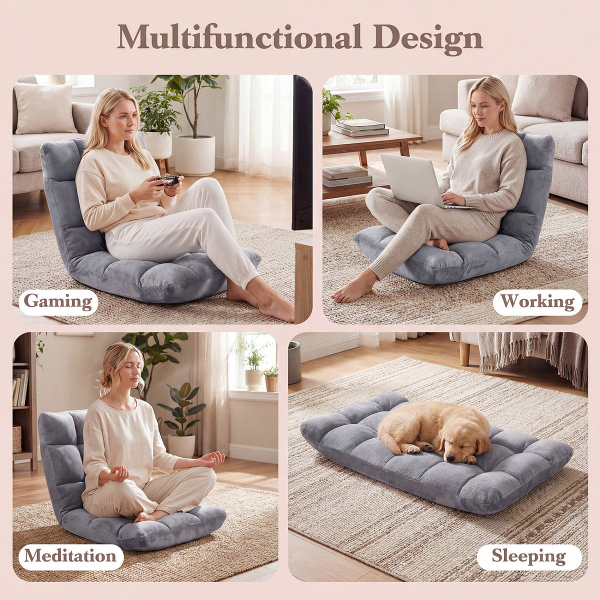 14-Position Adjustable Cushioned Floor Chair-Light Gray