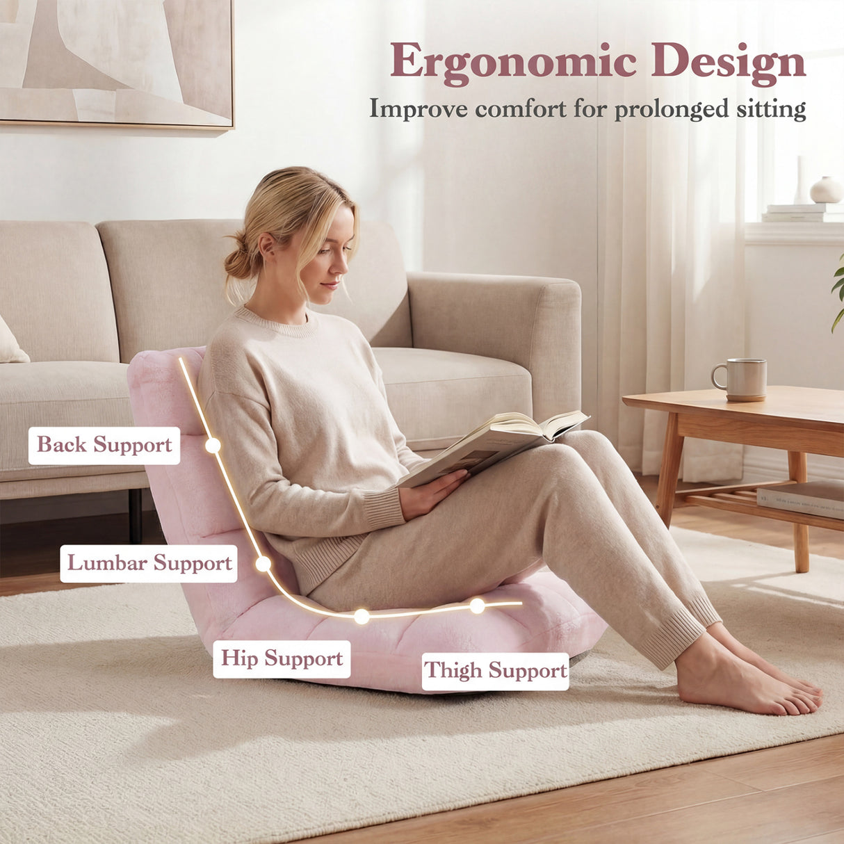 14-Position Adjustable Cushioned Floor Chair-Light Pink