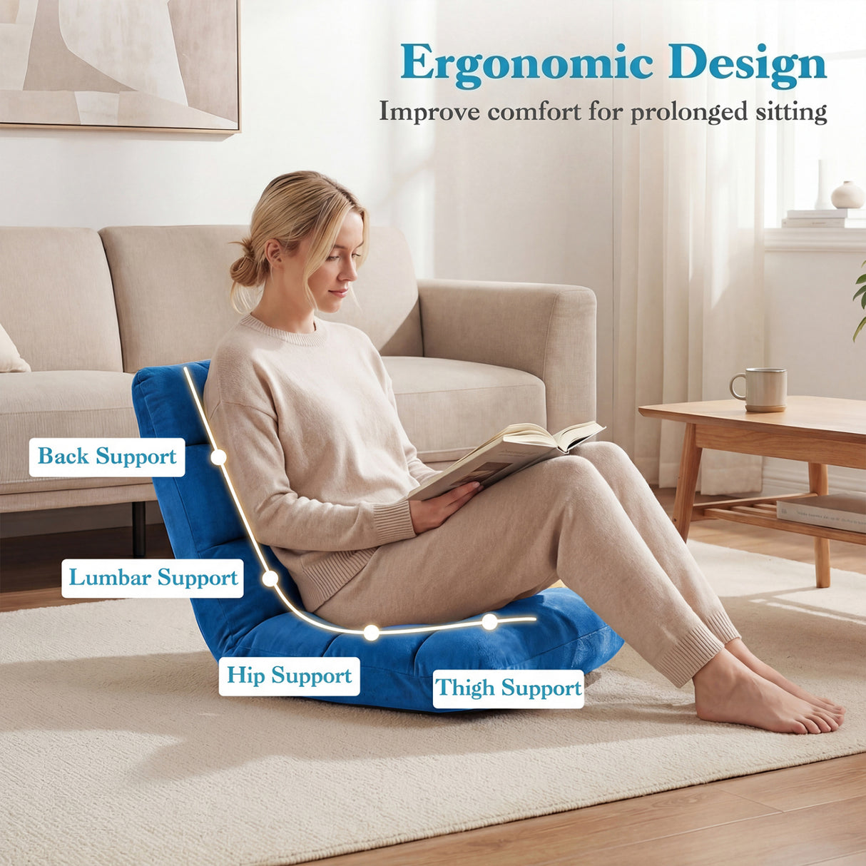 14-Position Adjustable Cushioned Floor Chair-Blue